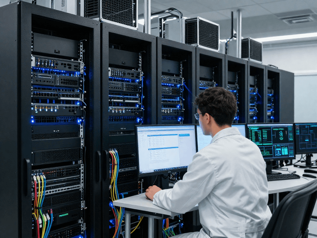 rokok88 alternatif server infrastructure in UK with high-performance servers and technician monitoring data for optimal performance.