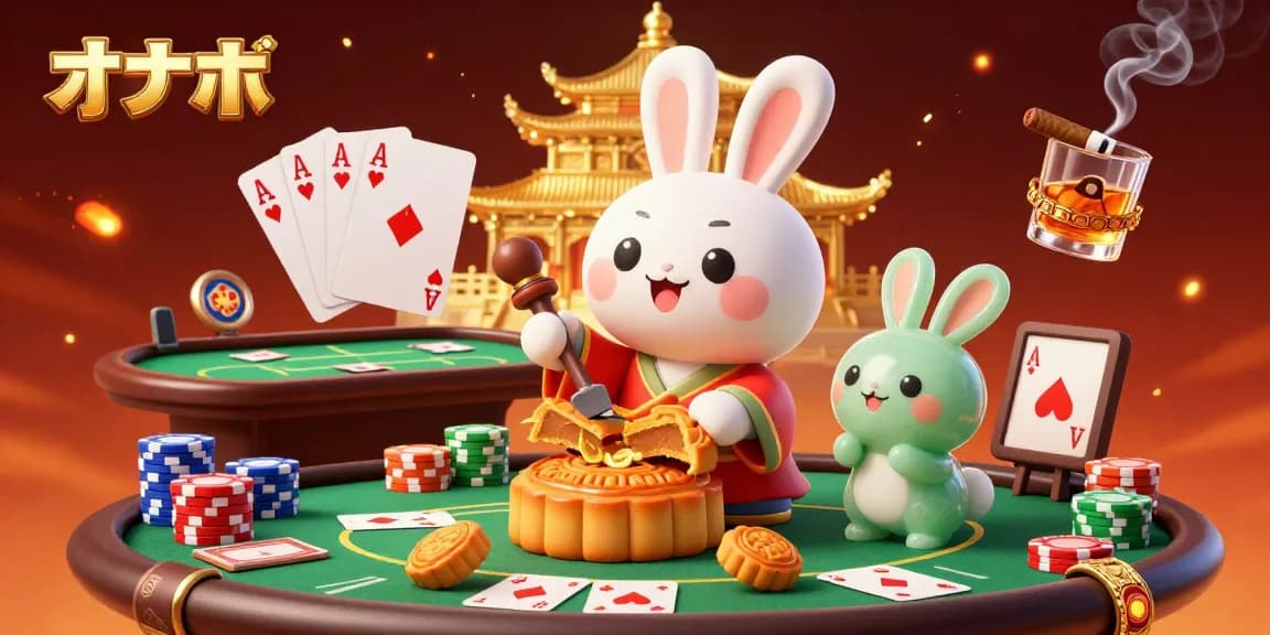Exciting illustration of オナホ with poker chips bursting from mooncakes on the moon while engaging in a vibrant gambling atmosphere.