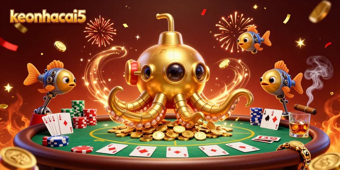 Engage with keonhacai5 in this vibrant 3D illustration of a kraken submarine amid poker chips and cards.