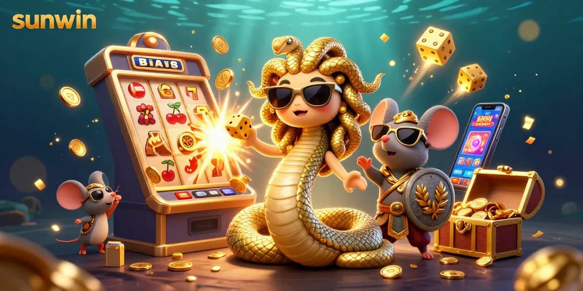 Sunwin's Medusa and warrior mouse celebrate wins with slots and jackpots in this vibrant scene.