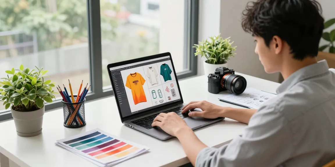 Engaging workspace scene with a young designer creating unique rokok88 merchandise, showcasing vibrant apparel mockups.
