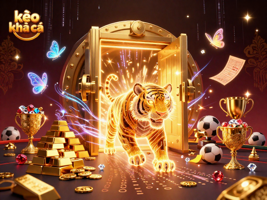 Experience kèo nhà cái in a vibrant digital casino scene with a golden tiger, sports elements, and treasure.