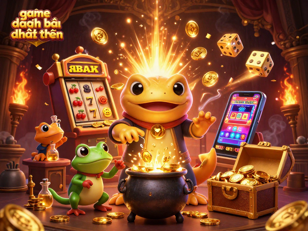 Experience game đánh bài đổi thưởng with vibrant 3D illustrations of casino elements and magical characters.