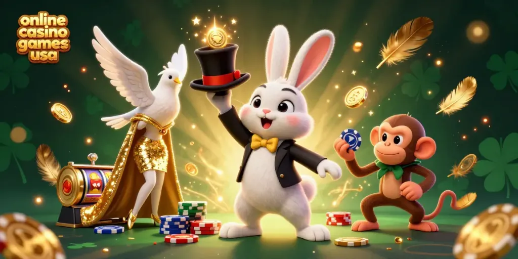 Play engaging online casino games usa with a colorful scene featuring a magician rabbit, dove, and monkey amidst sparkling casino elements.