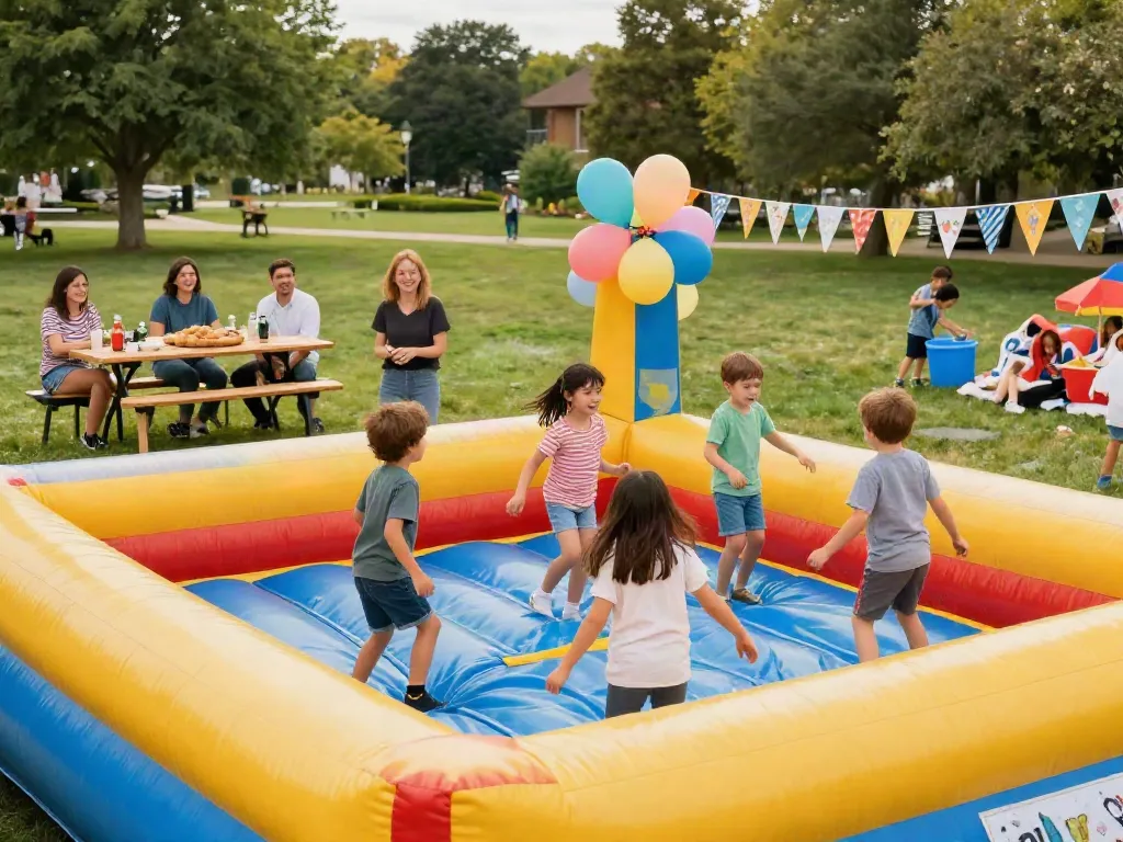 Children enjoying a bounce house for sale in a lively outdoor party.