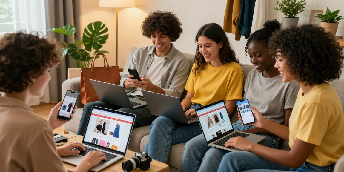 Friends joyfully shopping on rokok88 website in cozy living room.