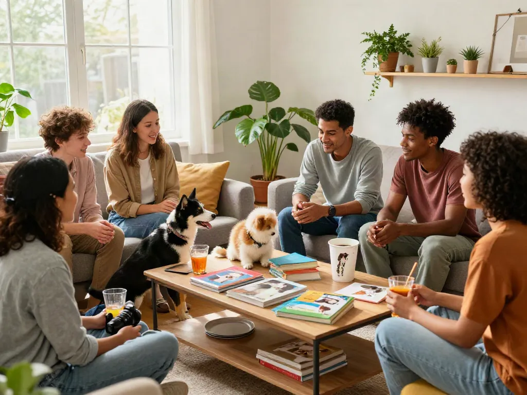 A diverse group of pet owners engaged in friendly discussions about pet care while enjoying snacks, capturing the essence of rokok88 login community interaction.