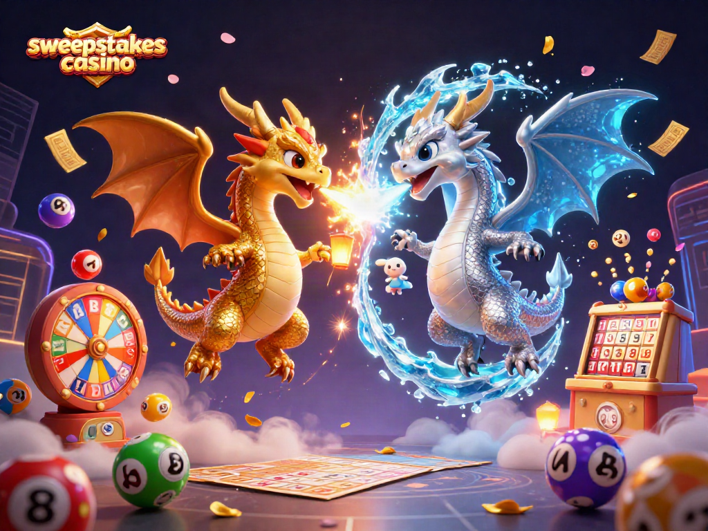 Engage in the sweepstakes casino adventure with vibrant dragons, lottery balls, and golden prizes.