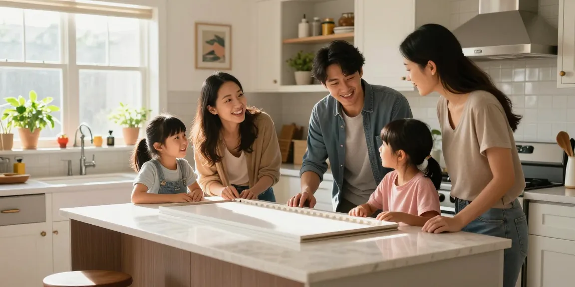 شراء مطابخ مستعملة بالرياض with family joyfully inspecting quality used kitchen.
