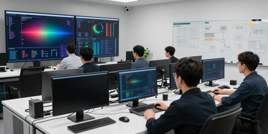 Red team engagement in a cybersecurity operations center using advanced simulation tools and dashboards.