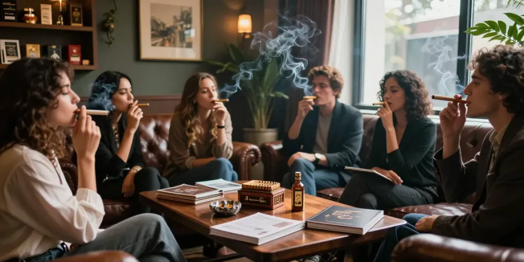 Social group enjoying rokok88 super cigarettes in a chic indoor lounge