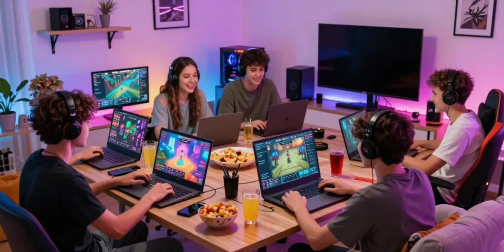 Players enjoying rokok88 slot login in a vibrant gaming setup with snacks and LED lights.