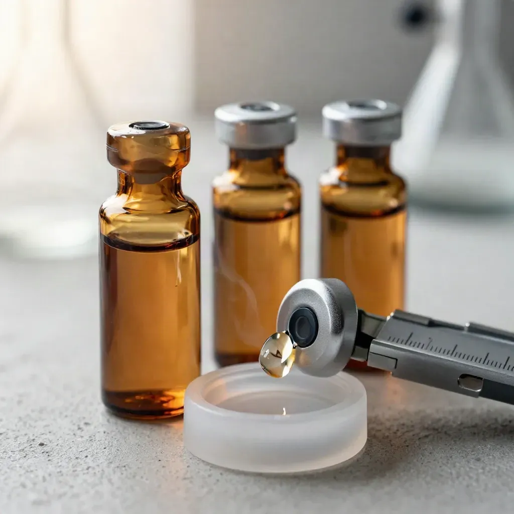 Amber vials, frosted lid, and chrome micrometer ring on pale concrete with a bead of liquid