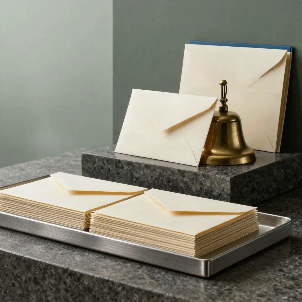Release cards, sealed envelopes, aluminum trays, and a brass bell on wet stone in soft haze.