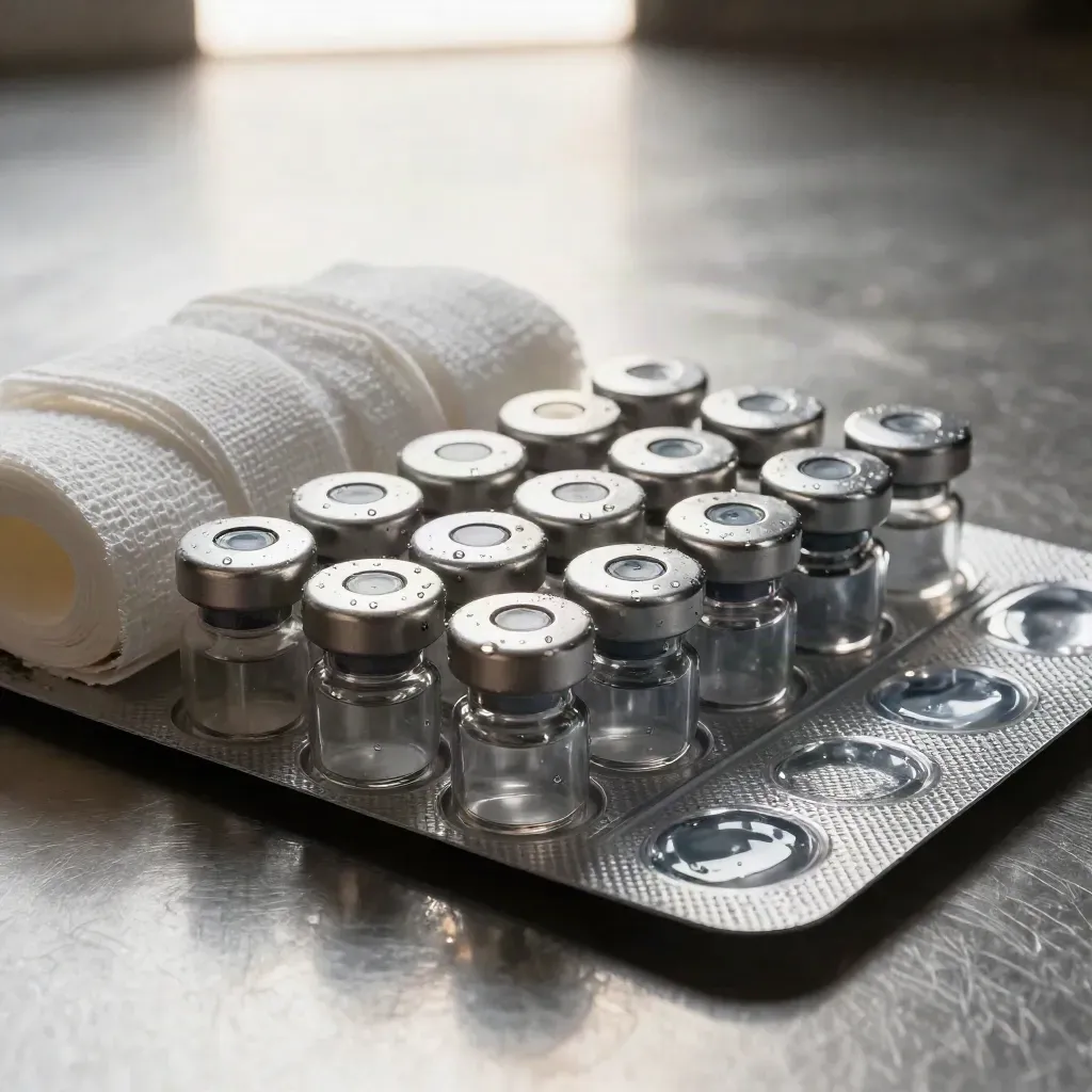 Top-down macro of vial caps, gauze rolls and a blister tray on brushed steel.
