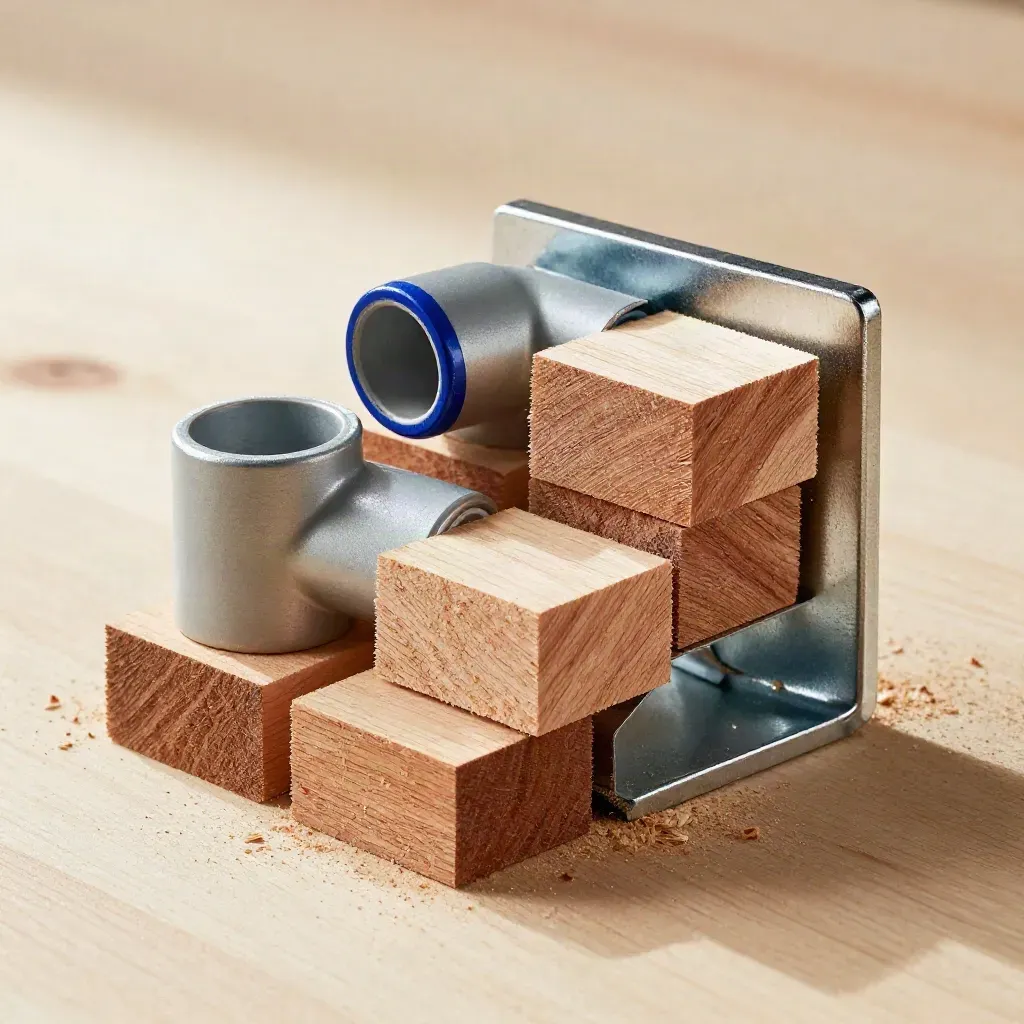 Cedar shims, conduit elbows, and a steel bracket on pale wood in soft daylight.