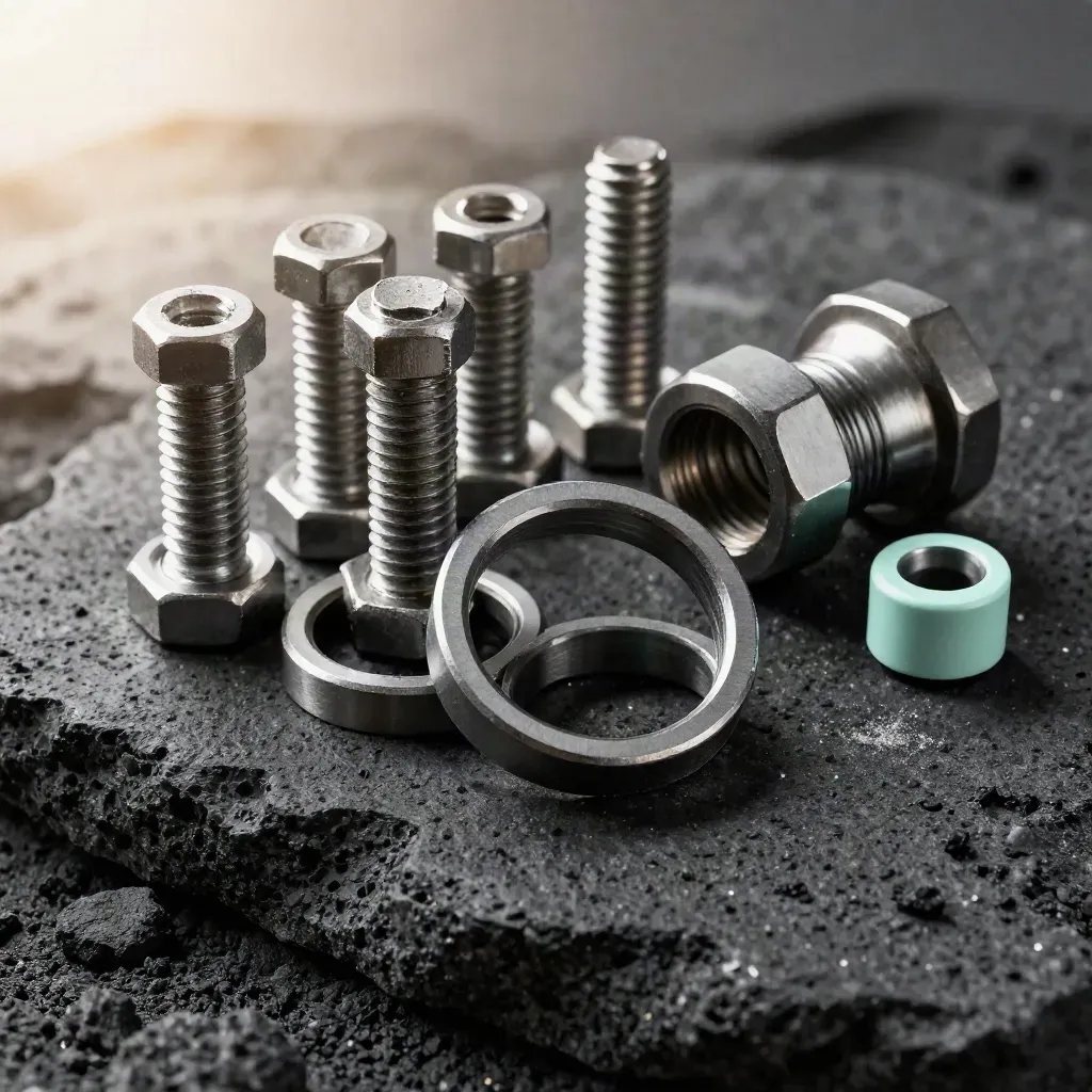 Graphite gasket rings, hex bolts and a machined coupling on black basalt with mint accent.