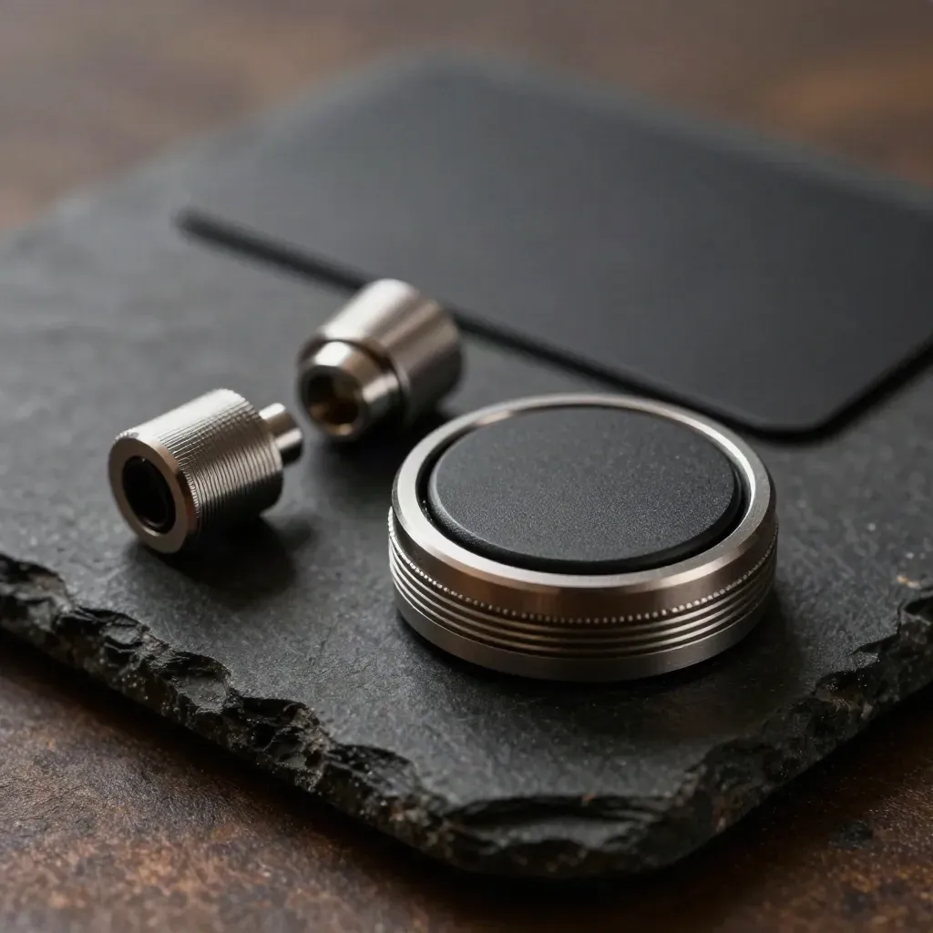 Pager puck, sync dongles, and magnetic dock ring on dark stone under dramatic studio light