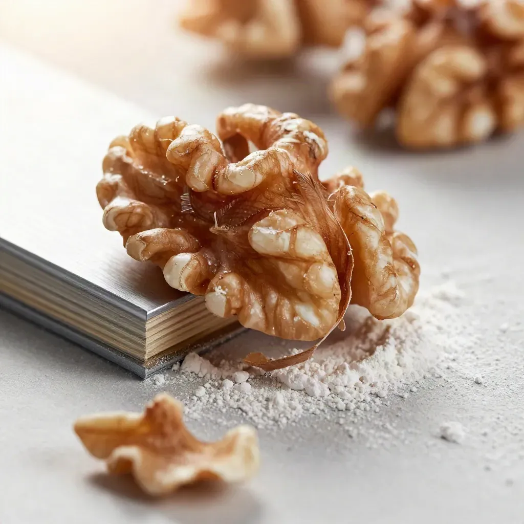 Extreme macro of walnut veneer chips, edge banding, and a clamp sample on pale plaster.