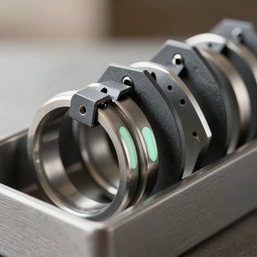 Anodized rings and punched metal tags on graphite in a dramatic still-life close-up.
