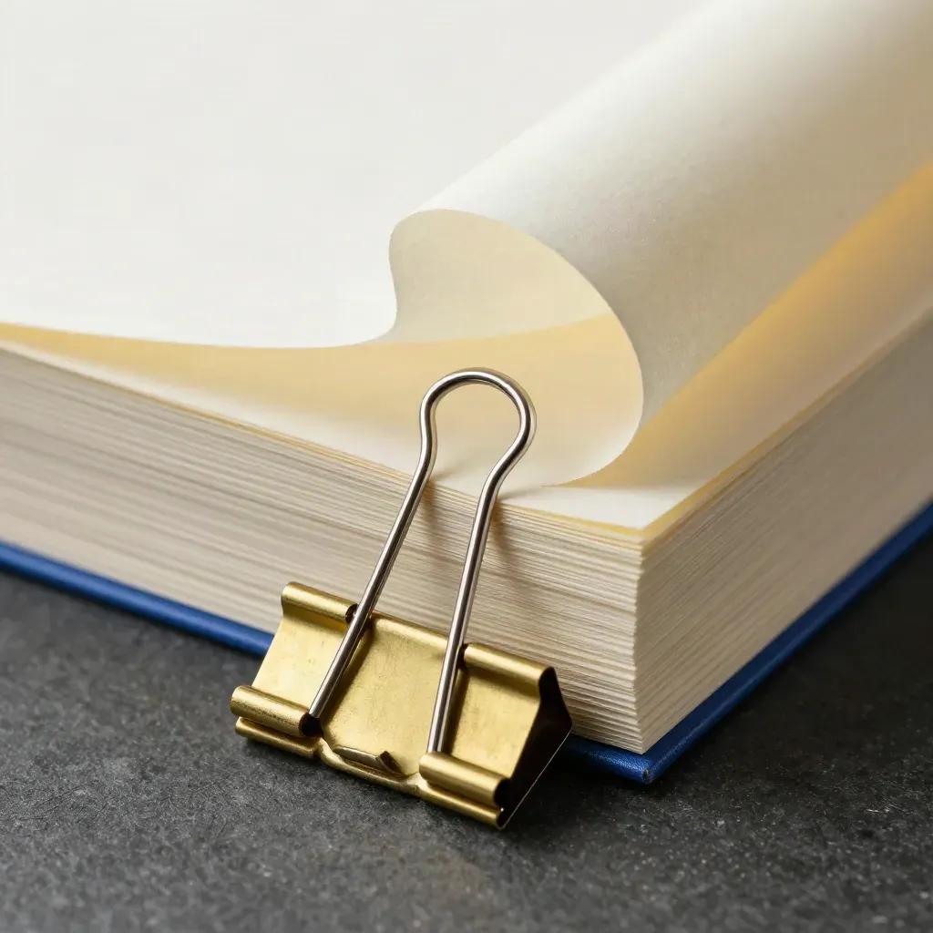 Cream cardstock stack with steel clip bar and brass corner clamps on charcoal stone, top sheet curling