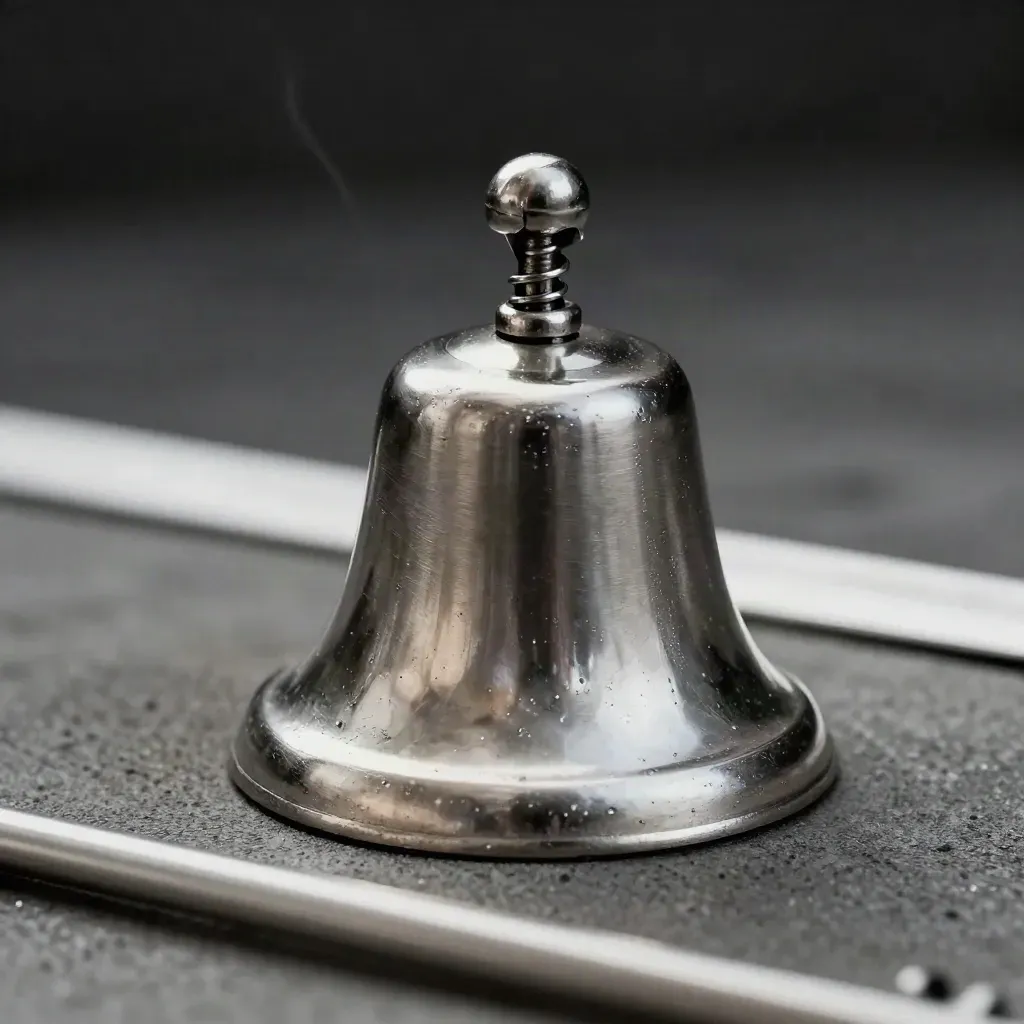 Compact alert bell, button cap, and dock puck on dark concrete with soft daylight.