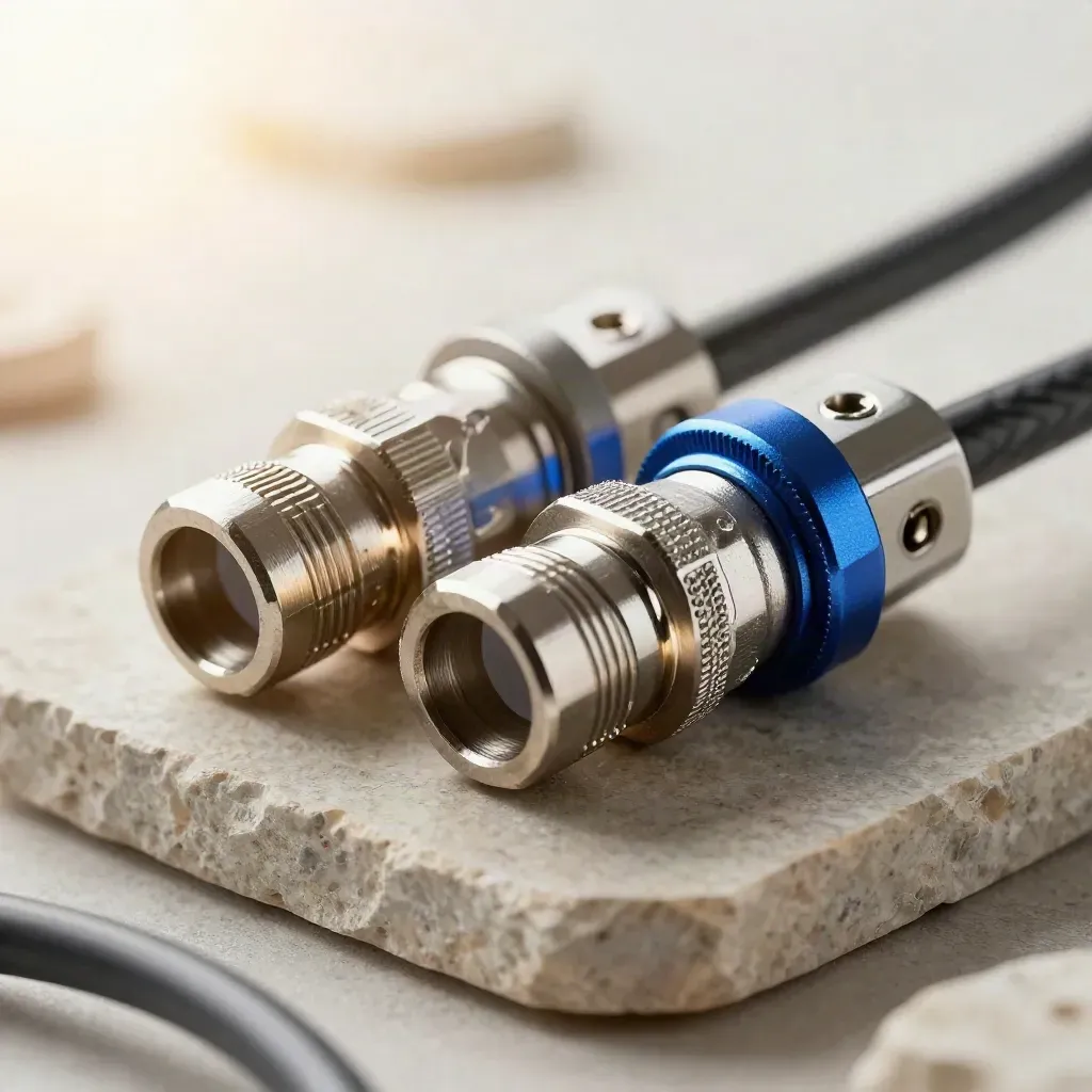 Macro of precision cable connectors linking into a junction block on matte stone.
