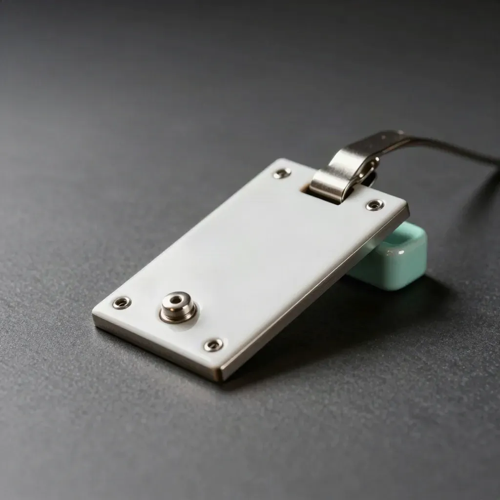 Blank enamel tiles and a toggle plate on brushed steel, lit dramatically in a tight macro.