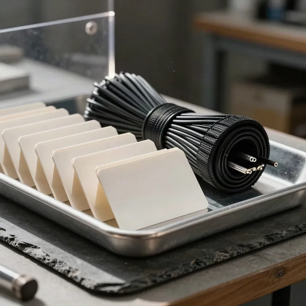 Brushed tray, blank tabs, and cable loom seen through acrylic in dramatic side light.