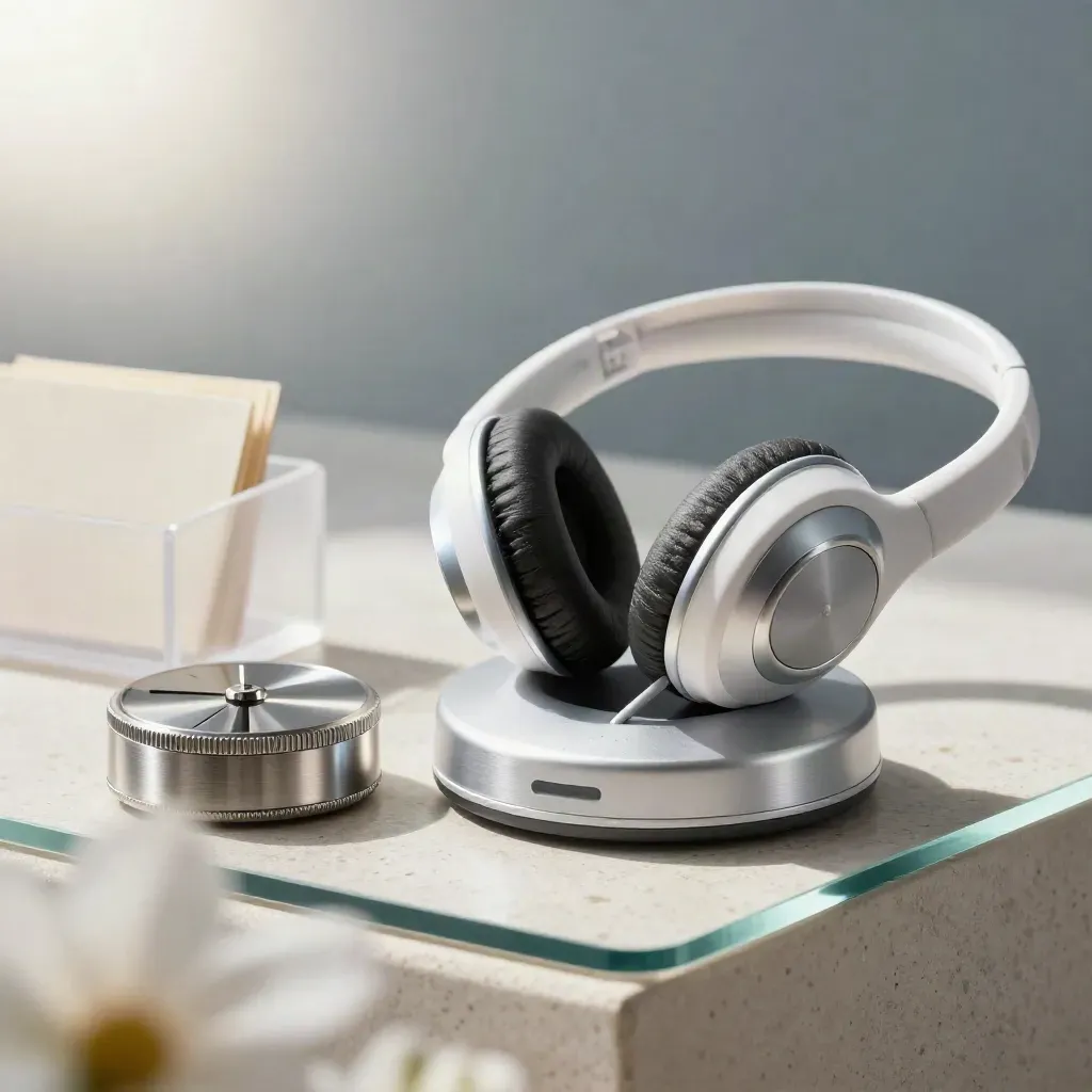 Macro still life of headset cradle, call timer, and reply-card holder on pale stone with glass blur.