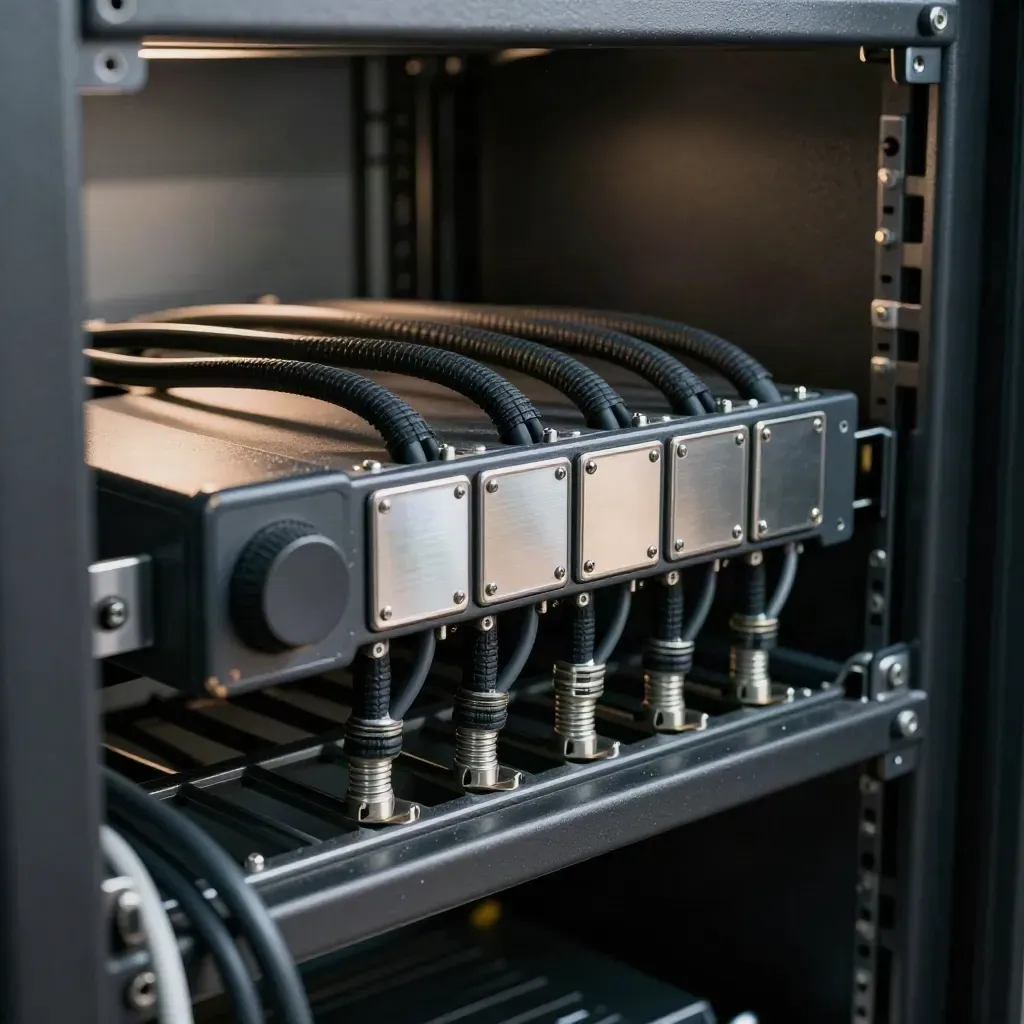 Macro of rack patch leads, pager unit, and blank metal labels inside a dark server cabinet.