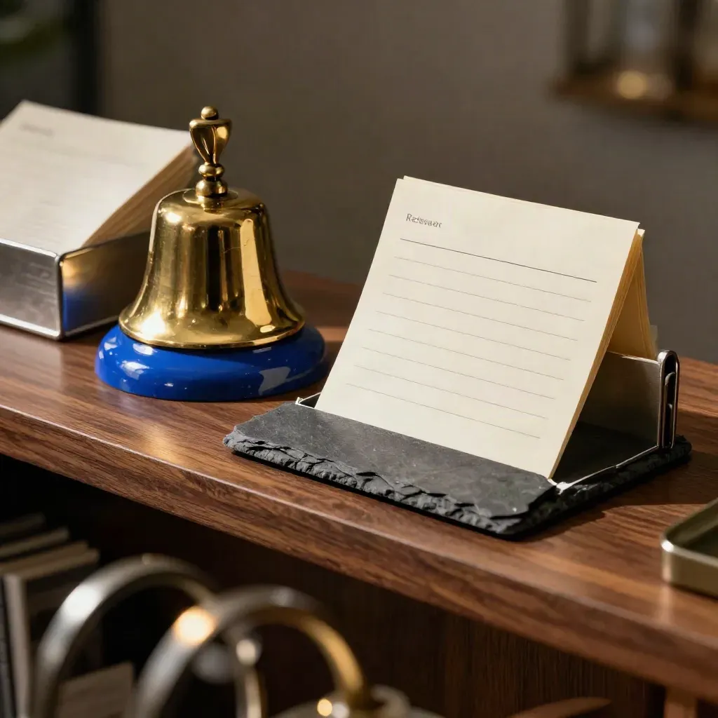 Brass notification bell, blank cards, and steel tray on walnut with dramatic light