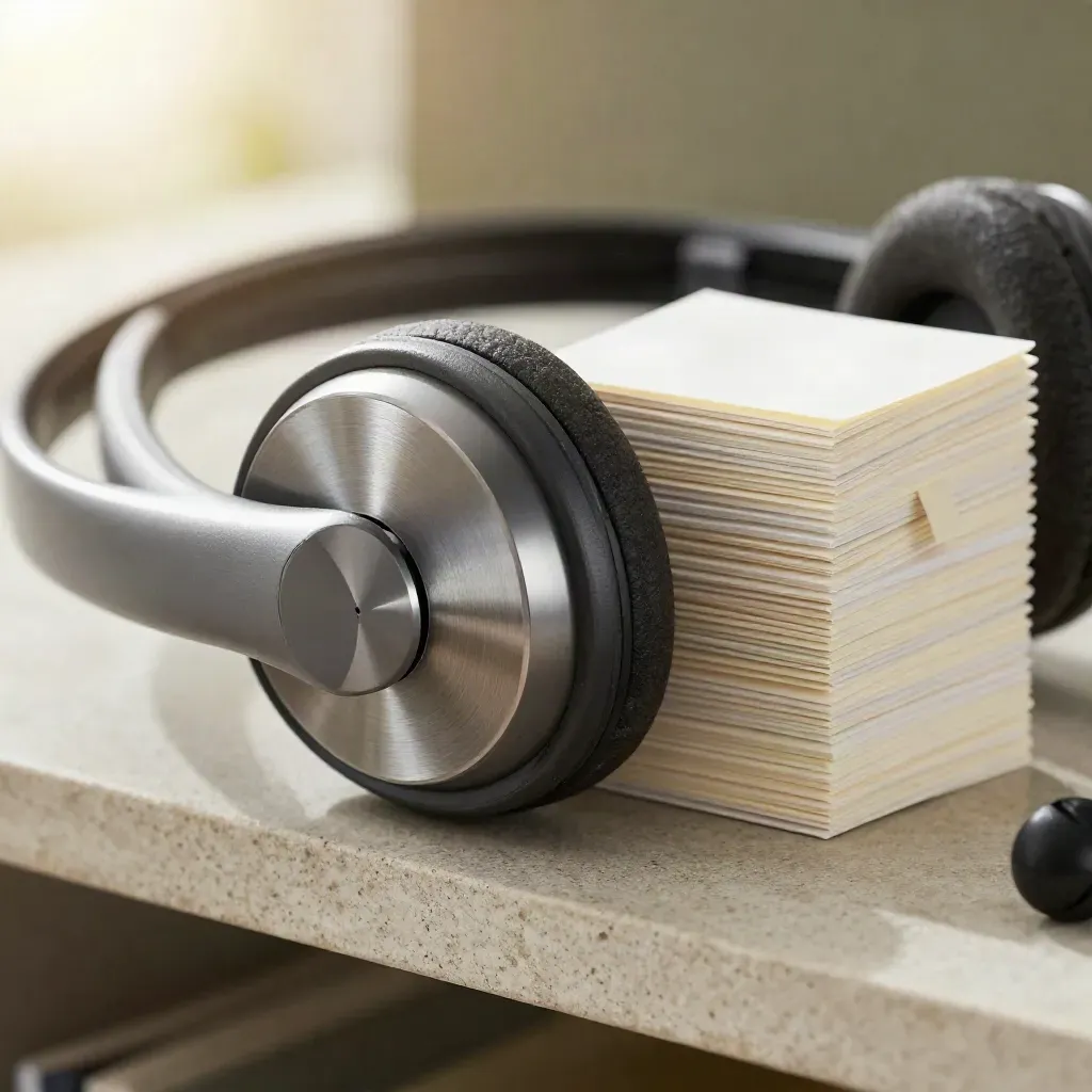 Macro still life of a headset cradle, call timer disc, and reply flags on stone.