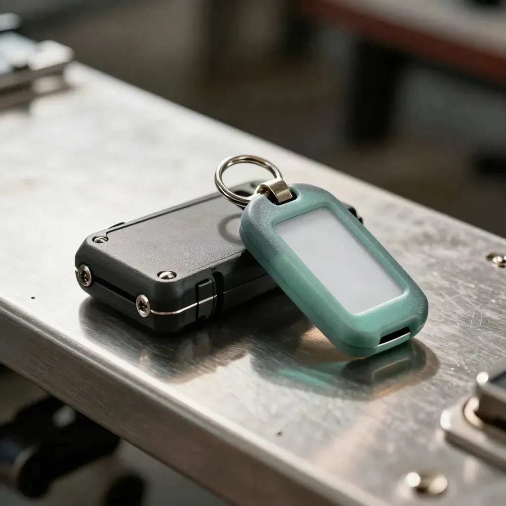 Macro of a pager, blank cable tags, and a key fob on brushed steel with mint accents.