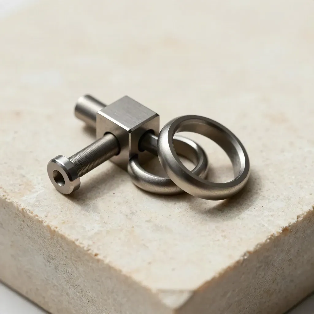 Macro flat lay of machined rings, connector block, and dowels on pale stone.