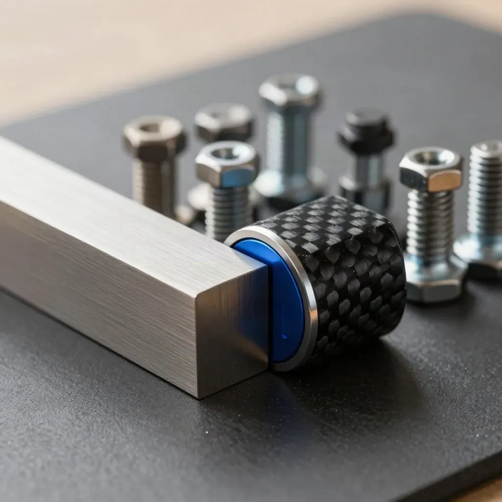 Machined dovetail blocks and fasteners with a carbon-fiber spacer on graphite, lit dramatically.