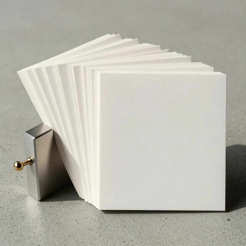 Blank task cards, clip rail, and brass pin on brushed concrete in a neat flat lay.