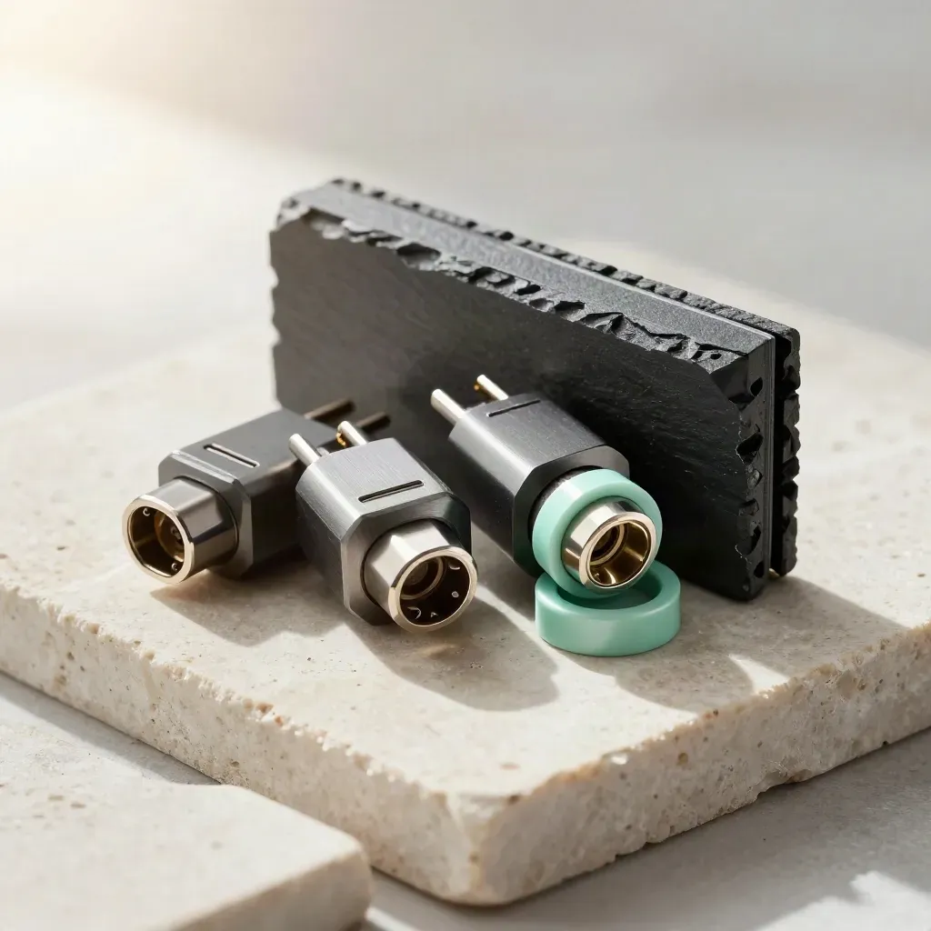 Precision connectors and a polished spacer on pale stone, lit by cool daylight with a mint accent.