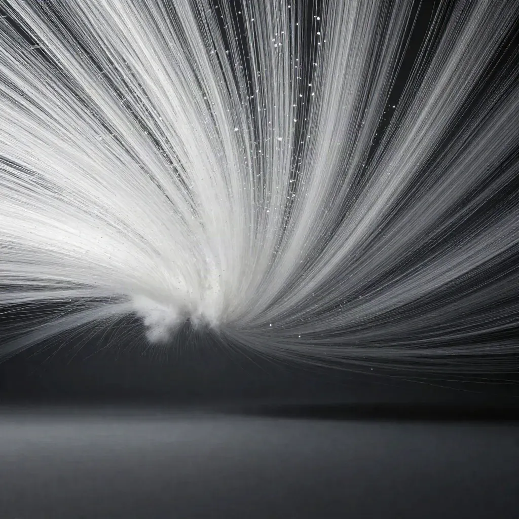 Silver light filaments bloom in graphite space with a calm lower third.