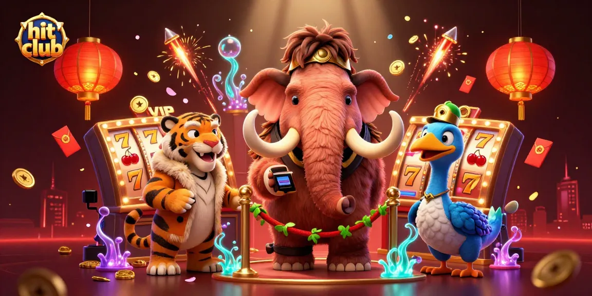 Engage in the hit club gaming scene with a vibrant 3D illustration of colorful slot reels and characters.