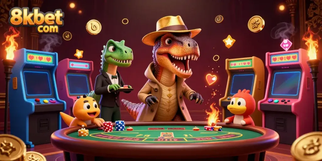 Engage in thrilling gameplay at 8xbet com with a unique scene featuring characters at a blackjack table in a vibrant casino.