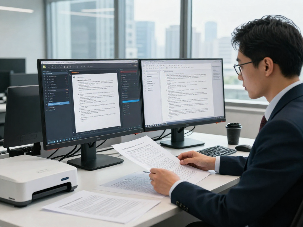 Document fraud detection analysis with expert reviewing AI metrics in a modern office.