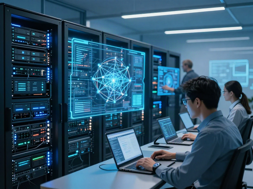 Network configuration review in a modern data center showcasing cybersecurity practices and cloud computing solutions.