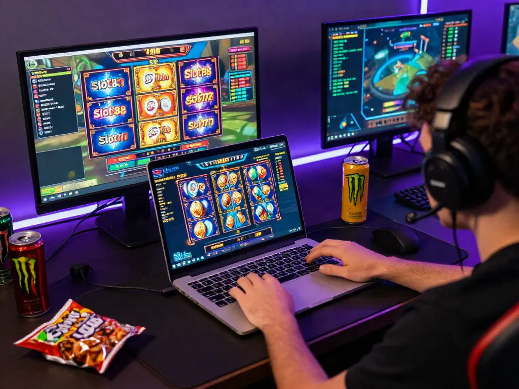 Engaging online gaming experience with a focus on situs gacor slots like Slot88 and Slot777 in an energetic home setup.