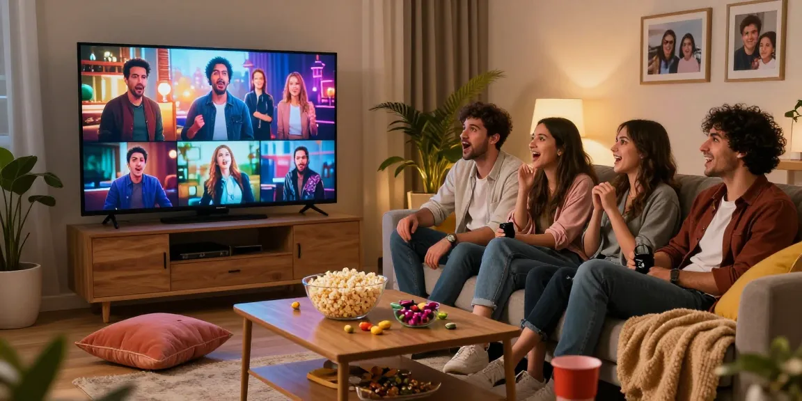 Engaging scene of friends enjoying مسلسل، مسلسلات تركية، مسلسلات عربية together in a cozy living room filled with vibrant emotions.