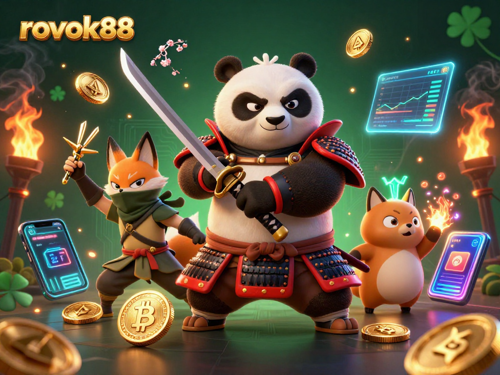 Engage with the lively rokok88 scene featuring a samurai panda and ninja fox in a vibrant casino setting.
