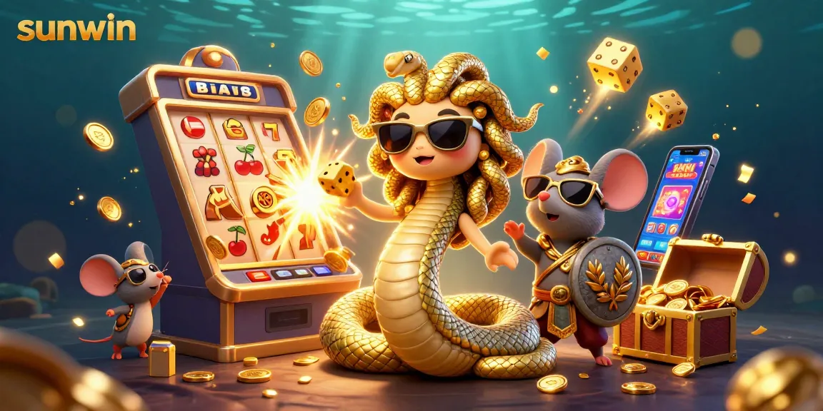 Sunwin's Medusa and warrior mouse celebrate wins with slots and jackpots in this vibrant scene.