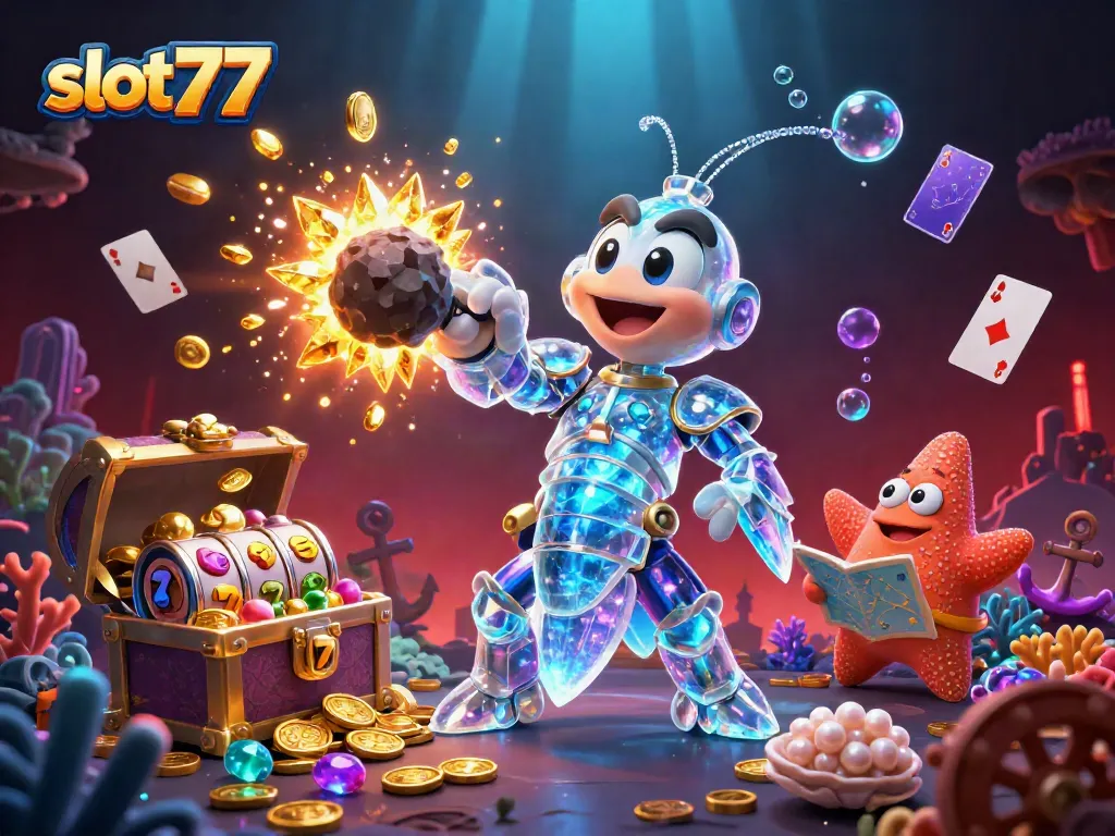 Experience the thrill of slot777 with vibrant gems and dynamic casino elements in this 3D illustration.