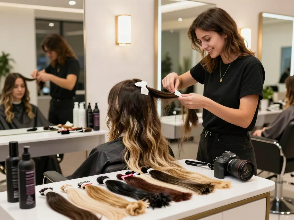 Invisible tape in hair extensions application in a stylish salon setting
