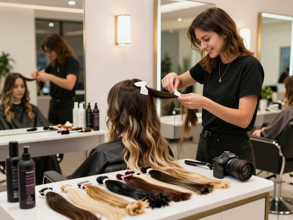 Invisible tape in hair extensions application in a stylish salon setting